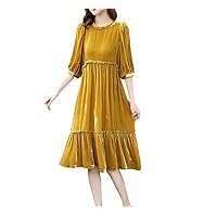 Womens Dresses Lady Seven-Point Sleeve Dress Crewneck Lace Stitching Dress