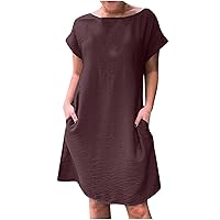 Women Batwing Short Sleeve Crewneck T-Shirt Dress with Pockets Summer Classic Casual Loose Fit Solid Tunic Dresses