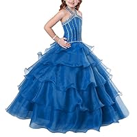 VeraQueen Girl's Halter Beads Layers Pageant Dresses A Line Sleeveless Princess Holidays Dress Blue