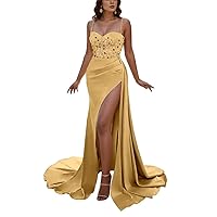 Beaded Spaghetti Straps Prom Dresses with Slit 2024 Sparkly Long Sequin Rhinestones Mermaid Formal Evening Gowns DR0489