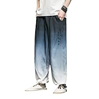 Men Gradient Bloomers Chinese Style Embroidery Harem Pants Kung Fu Bottoms Harajuku Casual Wide Leg Trousers