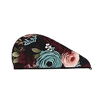 Maroon and Navy Flowers Print Dry Hair Cap for Women Coral Velvet Hair Towel Wrap Absorbent Hair Drying Towel with Button Quick Dry Hair Turban for Travel Shower Gym Salons