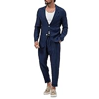 Men's Casual Linen Suit 2 Piece Slim Wedding Suit for Men Beach Party Prom Business Linen Jacket+Pant