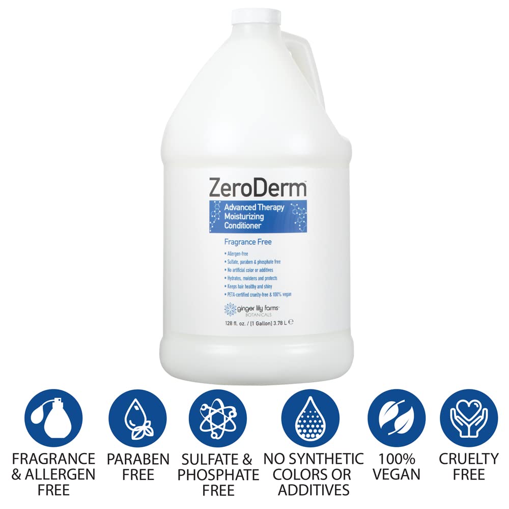 Ginger Lily Farms Botanicals ZeroDerm Advanced Therapy Moisturizing Conditioner for All Hair Types, 100% Vegan, Cruelty and Fragrance Free, 1 Gallon Refill, White, Unscented, 128 Fl Oz