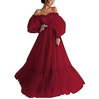 Women's A Line Off Shoulder Quinceanera Dress Long Puffy Sleeve Appliques Tulle Ball Gowns Wine
