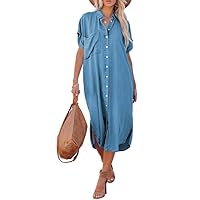 Dokotoo Womens 2024 Button-Down Short Sleeve Denim Cardigans Maxi Dresses with Side Split