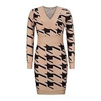 Women's V-Neck Package Hip Knit Long Sleeve Dress Geometric Graphic Sweater Dress