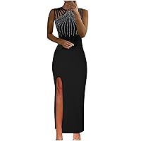 Elegant Party Club Night Dress for Women Sexy Glitter Rhinestone Split Bodycon Dresses Hot Drilling Evening Gowns Black