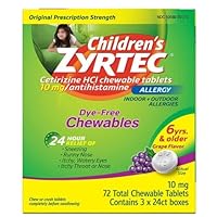 Children's Ztec Allergy Cetirizine HCl 10 mg Dye-Free Grape Flavored Chewables, 72 Tablets 3 x 24 Boxes