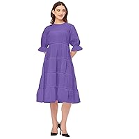 Short Sleeves Round Neck Tiered Solid Cotton Dress -Women's Casual Dress