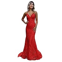 Elegant Red Prom Dresses 2024 with Lace Sequined Mermaid Long Ball Gown with Spaghetti Straps for Women Size 24W
