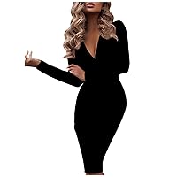 Women's Elegant Deep V-Neck Long Sleeve Sexy Club Party Work Business Bodycon Casual Basic Solid Color/Sequin Patchwork/Floral/Leopard Print Wrap Pencil Midi Dress(A Black XL)