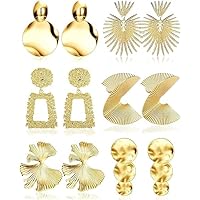 JeryWe 6pairs Statement Clip on Earrings Gold Dangle Earrings for Women Teengirls Geometric Hoop Wave Leaf Drop Earring Jewelry
