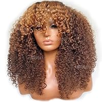 18inch Honey Blonde Deep Wave Curly Scalp Top Bangs 180% Density Human Hair Wigs Wear and Go None Lace Human Hair Wig with Bang for Black Women Brown Blonde Kinky Curly Fringe Bang Wig Machine Made