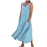 Maxi Dress for Women Summer Cotton Linen Boho Casual Sleeveless Button Front Summer Dress for Holiday with Pokets