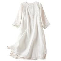 Women 3/4 Sleeve Cotton Linen Embroidery Floral Shirt Dress Summer Crewneck Split Side Hem Casual Loose Tunic Dress