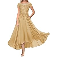 Lace Appliques Mother of The Bride Dresses for Wedding Tea Length Chiffon Short Sleeve Formal Evening Gowns with Pockets Gold