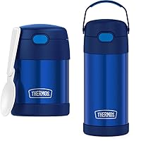 THERMOS FUNTAINER 12 Ounce Stainless Steel Vacuum Insulated Kids Straw Bottle, Blue & FUNTAINER 10 Ounce Stainless Steel Vacuum Insulated Kids Food Jar with Folding Spoon, Navy
