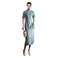 Women Qipao Mulberry Silk Floral Embroidery Mock Collar Short Sleeve Blue Midi Cheongsam Dinner Dress 3629