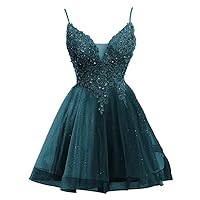 Women's Lace Appliques Homecoming Dresses for Teens Tulle Spaghetti Strap Short Prom Dress A Line Cocktail Dress
