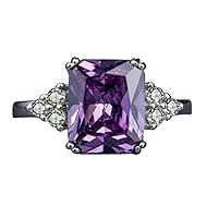 14K White Gold Finish Emerald Cut Purple Amethyst and Round Cubic Zirconia Engagement Ring for Womens