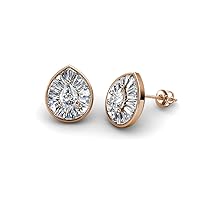 Pear Cut Lab Grown Diamond & Baguette Diamond 1.18 ctw Women Milgrain Halo Stud Earring 14K Gold