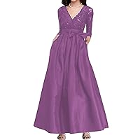 Women V Neck A-Line Satin Wedding Guest Dress for Mother of The Bride with Pockets LS019