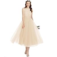 Bridesmaid Dresses Sleeveless lace Tulle Round Neck Tea Length Party Dress