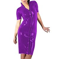 23 Colors Lady Zipper Short Sleeve Clubwear Wetlook PVC Slim Dress (Rose Purple,L)