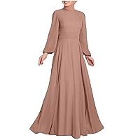 Long Dresses for Women 2024 Casual Long Sleeve Smocked Dress Mock Neck Solid Color High Waist Tiered Maxi Dresses
