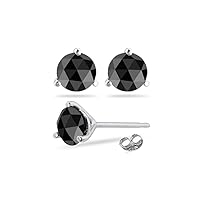 Round Rose Cut Black Diamond Stud Three Prong Earrings AA Quality in 14K White Gold Available in Small to Large Sizes
