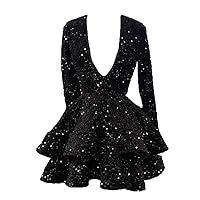 PEIYJYUSP Long Sleeve Homecoming Dresses for Teens Sparkly Sequin V Neck Tiered Puffy Short Prom Dresses