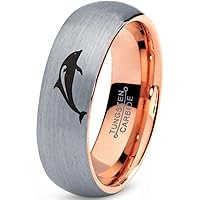 Dolphin Sea Animal Island Ring - Tungsten Band 8mm - Men - Women - 18k Rose Gold Step Bevel Edge - Yellow - Grey - Blue - Black - Brushed - Polished - Wedding - Gift Dome Flat Cut