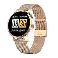 New IP68 Waterproof Fitness Smart Watch Heart Rate Tracker Smartwatch for iPhone Android (Gold - Steel Band)