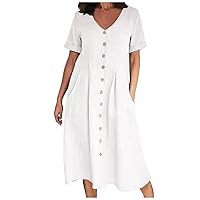 Womens Button Down Cotton Linen Empire Waist Dress Summer Trendy V Neck Short Sleeve Elegant Midi A-Line Dresses