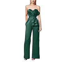 Women's Sweetheart Jumpsuits Evening Dresses with Pockets Satin Red Formal Dress Prom Gowns Pants with Bow