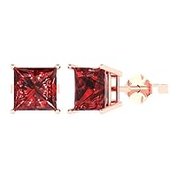 3.0 ct Princess Cut Solitaire Fine Natural Red Garnet Pair of Stud Everyday Earrings 18K Pink Rose Gold Butterfly Push Back