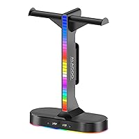 RGB Headset Holder- Gaming Headphone Stand, Headset Stand with 2USB Port and 3.5mm Audio Port, Adjustable Ambient Light and Auto-Sensing Rhythm Light, Gamers Desktop Gaming Earphone Accessories.