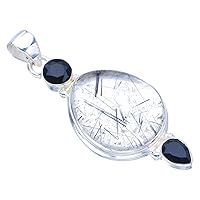 StarGems® Natural Rutilated Quartz Black OnyxHandmade 925 Sterling Silver Pendant 2