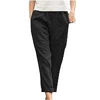 Linen Pants for Women Casual Tapered Capri Cargo Pants Loose Fit Elastic Waist Ankle Cropped Work Trouser with Pocket