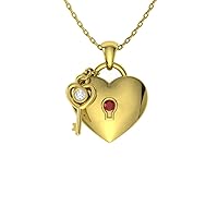 Diamondere Natural and Certified Gemstone and Diamond Love Lock and Key Heart Necklace in 14k White Gold |0.02 Carat Pendant with Chain