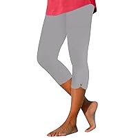 Women Linen Pant Womens Casual Capri Pants Elastic Waist Solid Color 3/4 Wide Leg Summer Trousers with Pockets Office Trouser