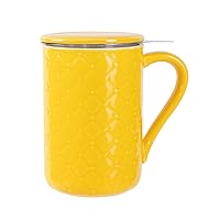 Ceramic Tea Mug with Lid and Infuser: 19 OZ Embossed Porcelain Cup with Filter for Loose Leaf Tea Coffee Milk Home Office Microwave and Dishwasher Safe (Yellow)