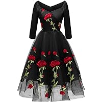 Women's Vintage Strapless Rose Embroidered Rose Evening V-Neck Short Sleeve Wedding Dress A Line Midi Dress