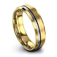 Tungsten Wedding Band Ring 6mm for Men Women Bevel Edge 18K Yellow Gold Black Offset Line Brushed Polished