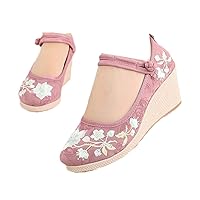 Floral Embroidered Women Spring Wedges Pumps Ladies Ethnic Canvas Shoes Vintage Round Toe Espadrilles for Female Pink 5.5