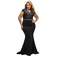 LALAGEN Women's Short Sleeve Rhinestone Plus Size Long Cocktail Evening Dress Black 5X