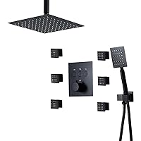 3 Function Thermostatic Shower System, Square Ceiling Shower Faucet Set with 2 Function Handheld Showerhead, Massage Body Jets and 1.5m Shower Hose,Black