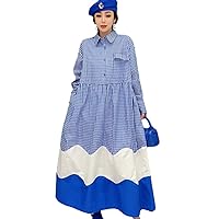 Spring Autumn Dress Loose Mid-Length Pocket Splicing Lattice Printing Pullover Dress Women