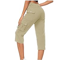Capri Pants for Women Casual Elastic High Waist Straight Leg Pants Loose Cropped Trousers Hiking Pants with Pockets